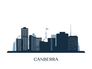 Canberra skyline, monochrome silhouette. Vector illustration.
