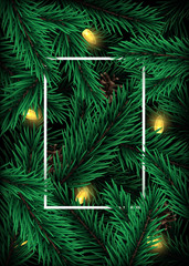 Realistic christmas tree branches design. Vertical frame with pine branches and light garland. Good for social media, flyers and posters.