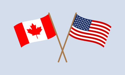 US and Canada crossed flags on stick. American and Canadian national symbols. Vector illustration.