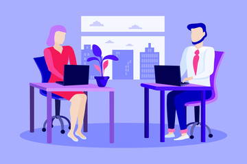 Modern office interior with staff. Creative office workspace.People in a tricky office design concept for web banners, infographics. Workers at work. Vector illustration of a flat plane style.