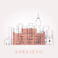 Outline Sarajevo skyline with landmarks. Vector illustration. Business travel and tourism concept with historic buildings. Image for presentation, banner, placard and web site.