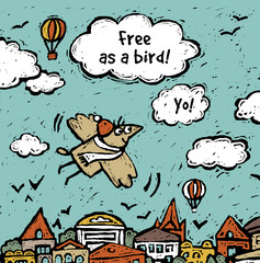 Freedom fly bird and sign sky clouds card or poster