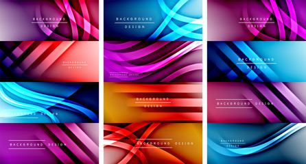 Set of dynamic trendy fluid color gradient abstract backgrounds with flowing wave lines. Vector Illustrations