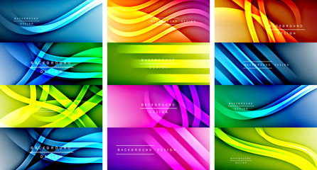 Set of dynamic trendy fluid color gradient abstract backgrounds with flowing wave lines. Vector Illustrations