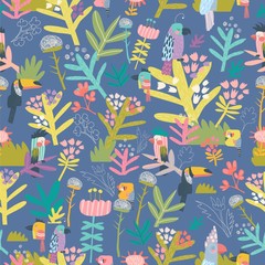 Seamless floral pattern with birds on blue background
