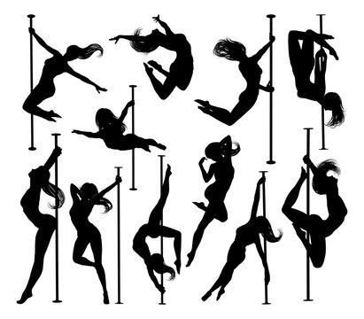 A set of women pole dancing exercising for fitness in silhouette