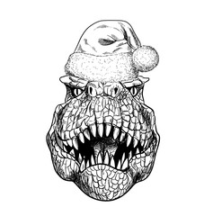 Portrait of T-Rex in Santa hat, ink sketch