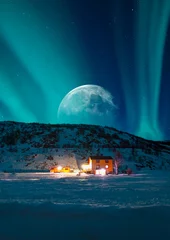 Fotobehang Landschap met huis & 39 s nachts onder groene aurora hemel - Noorderlicht (Aurora borealis) in de lucht met volle maan - Tromso, Noorwegen &quot Elementen van dit beeld geleverd door NASA&quot  © muratart