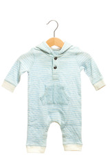 light blue baby clothes bodysuit front view in clothes hanger, isolated on white background.