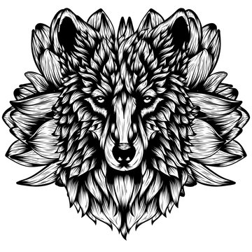 Vector illustration of volf with lotus in graphic style