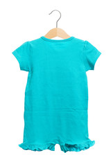 blue baby clothes bodysuit back view in clothes hanger, isolated on white background.