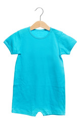 blue baby clothes bodysuit font view in clothes hanger, isolated on white background.