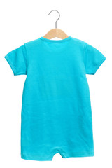 blue baby clothes bodysuit back view in clothes hanger, isolated on white background.