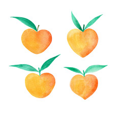 Set of colorful watercolor peaches, isolated on a white background. Hand drawn illustration. Orange fruits with green leaves