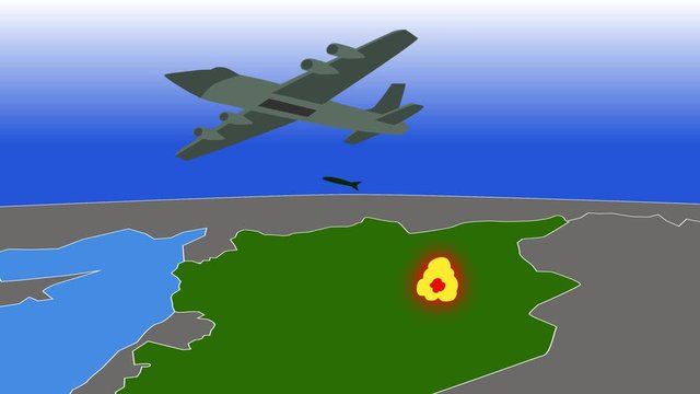 2D animation, grey bomber flying over green country and dropping bombs. War, conflict, heavy weapon, bombardment, bombing.