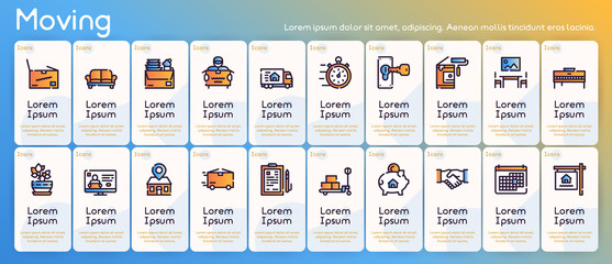 Moving items color linear icons set