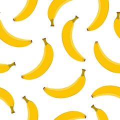 Vector seamless pattern with cartoon yellow banana fruits on white background. Summer tropical pattern for print, textile, season wrapping paper, brochure. Tropic floral template, exotic cover.