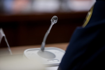 One of delegates asking or answering question at political summit or conference