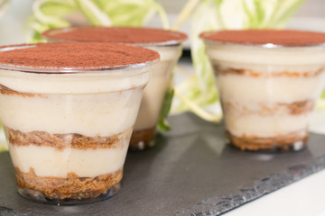 Handmade process of making an Italian tiramisu cake at home. Three ready cakes on a black stand against a green plant