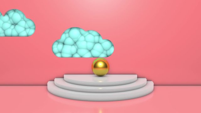 3D animation of a room with pink walls and a Golden sphere in the center on a white dais. Two clouds float along the wall, silhouettes, holes in the wall behind which blue balls pulsate.