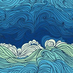 Seamless waves pattern. Abstract water background with curly hand-drawn waves. Blue tide vector background. Sea and ocean theme. Eps 8