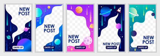 Set of editable templates for instagram stories. Colorful abstract cosmos. Planets, stars and the universe. EPS 10 vector. Space banners. Modern commercial