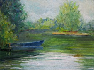 Landscape with the countryside and boat. Oil painting.