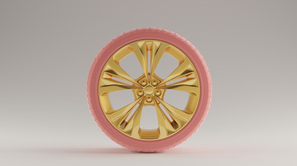 Pink an Gold Alloy Rim Wheel with a 5 Detailed Flared Spokes Open Wheel Design with Racing Tyre 3d illustration 3d render
