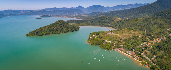 Aaerial view panoramaof the coast near Tarituba with wonderful bays, islands, green mountains and beaches, Green coast, Brazil