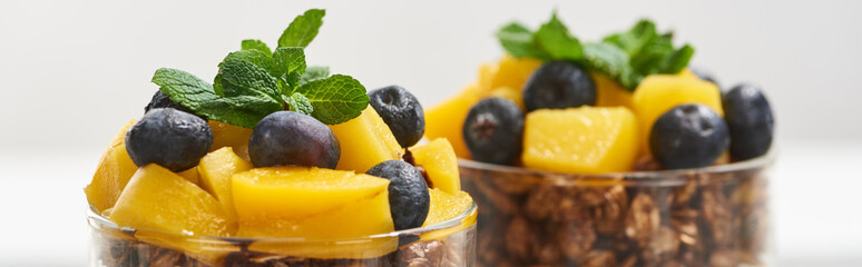 close up view of tasty granola with canned peach, blueberries and mint, panoramic shot