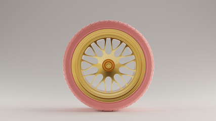 Pink an Gold Alloy Rim Wheel with a Complex Multi Star Spoke Pattern Open Wheel Design with Racing Tyre 3d illustration 3d render