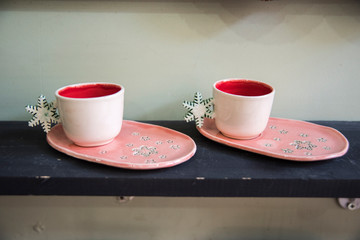 handmade coffee cups with snow fleak