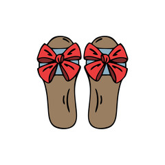 Single hand drawn women's shoes slippers with bow, isolated on white background. Doodle, simple outline illustration.