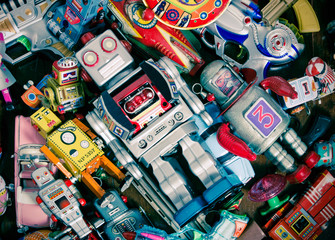 Fototapeta na wymiar A colection of retro tin toys from above