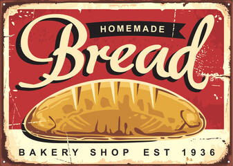 Homemade bread vintage ad or sign design for traditional bakery shop with whole bread on red background. Baked goods store retro poster template. Food vector illustration.