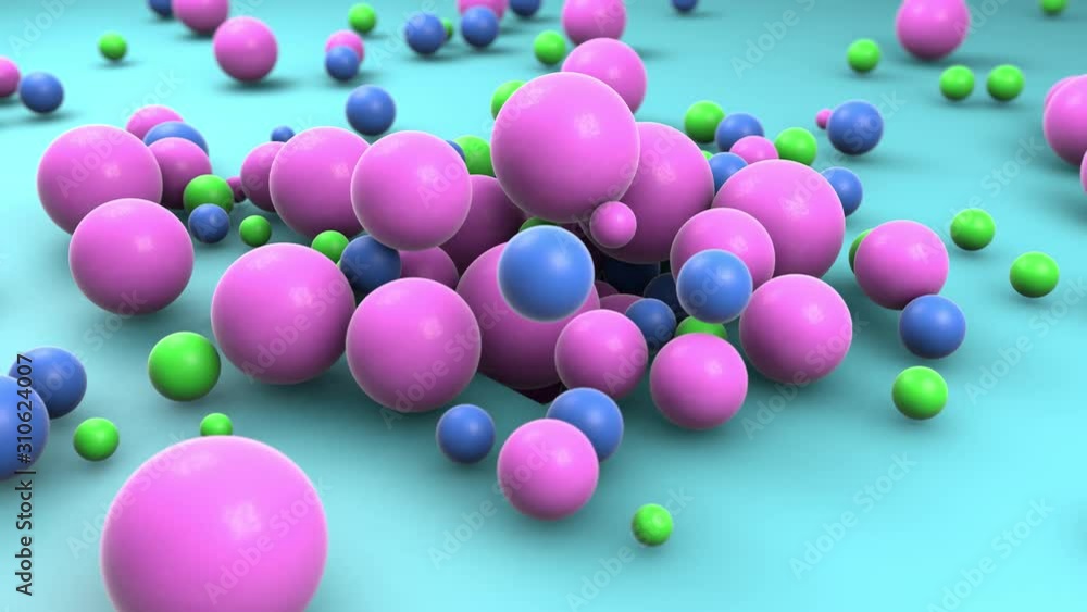Poster 3d animation of a square hole on a blue surface and a lot of colorful balls flying out and crumbling