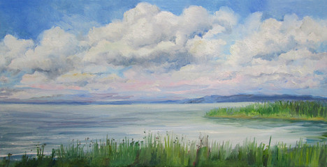 clouds illuminated by the sun over the river, painting oil on canvas