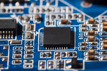 Close-up shot computer chipset processor on the print circuit board select focus shallow depth of field