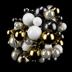 Gold metall ball, black white ball abstract. Black matte background. Metaball. Studio light. 3d illustration, render