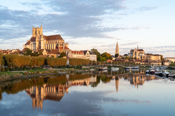 Naklejka na ściany i meble View of Beautiful historic town of Auxerre on sunrise time in Burgundy, France.