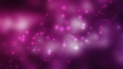 Blurred festive abstract background. Blurry bokeh lights, snowflakes, neon glow