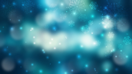 Blurred festive abstract background. Blurry bokeh lights, snowflakes, neon glow