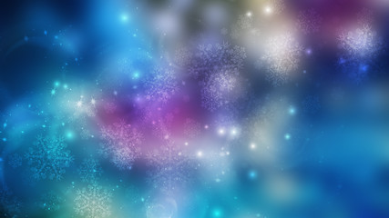 Fototapeta premium Blurred festive abstract background. Blurry bokeh lights, snowflakes, neon glow