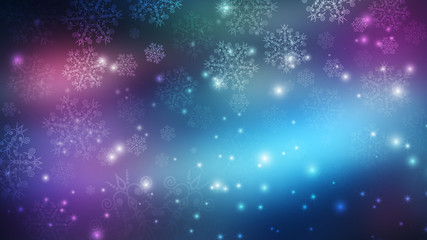 Fototapeta premium Blurred festive abstract background. Blurry bokeh lights, snowflakes, neon glow