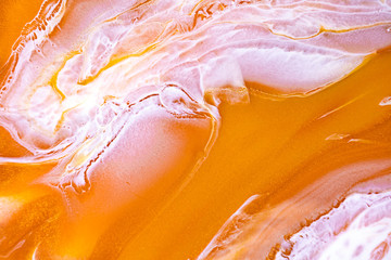 Orange liquid and white foam mixing raster background. Color fluid drops and splashes illustration....