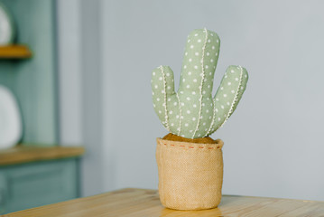 Soft textile toy cactus in the interior of the apartment with a copy of the space