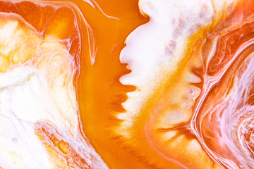 Orange liquid and white foam mixing raster background. Color fluid drops and splashes illustration....