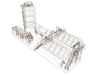 Wireframe of an industrial building with tanks. View isometric. Vector illustration