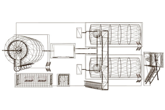 Wireframe Of An Industrial Building With Tanks. View From Above. Vector Illustration