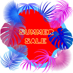 Fototapeta na wymiar Summer sale banner template. Summer abstract geometric tropicalbackground with palm leaves.Vector illustration. Design for social media banner, poster, advertisement, flyer,poster, brochure.